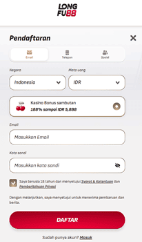 Form pendaftaran LongFu88 via email dengan kolom email dan kata sandi