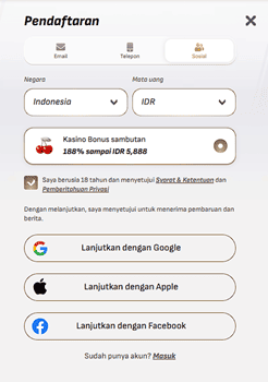 Pilihan daftar via Google, Apple, atau Facebook