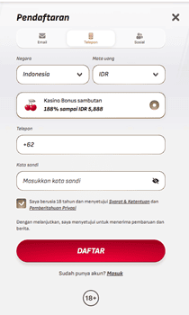 Form pendaftaran LongFu88 via telepon dengan kode negara +62